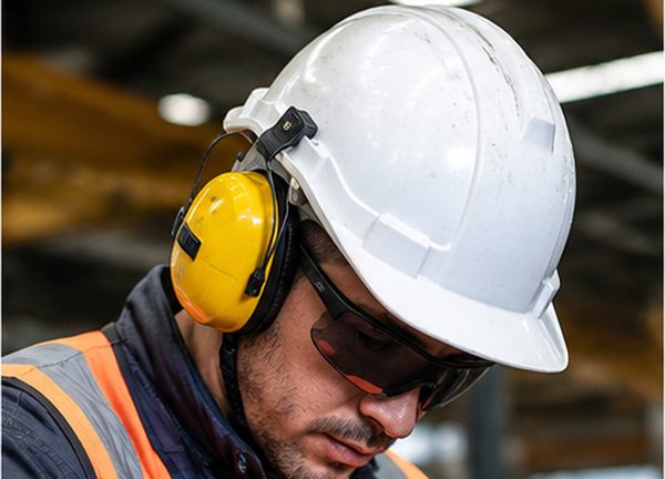 Trabajador industrial utilizando casco, lentes, protección auditiva y elementos de protección personal certificados para faenas de alto riesgo